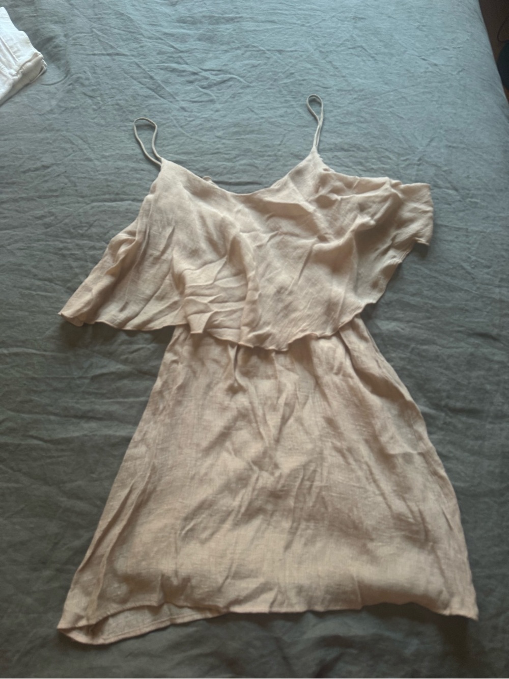 Neutral Beige Ruffle Mini Dress with Spaghetti Straps